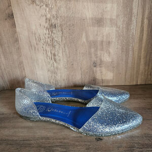Jeffrey Campbell Havana D'Orsay Silver Glitter Clear Pointed Toe Jelly Flats 8